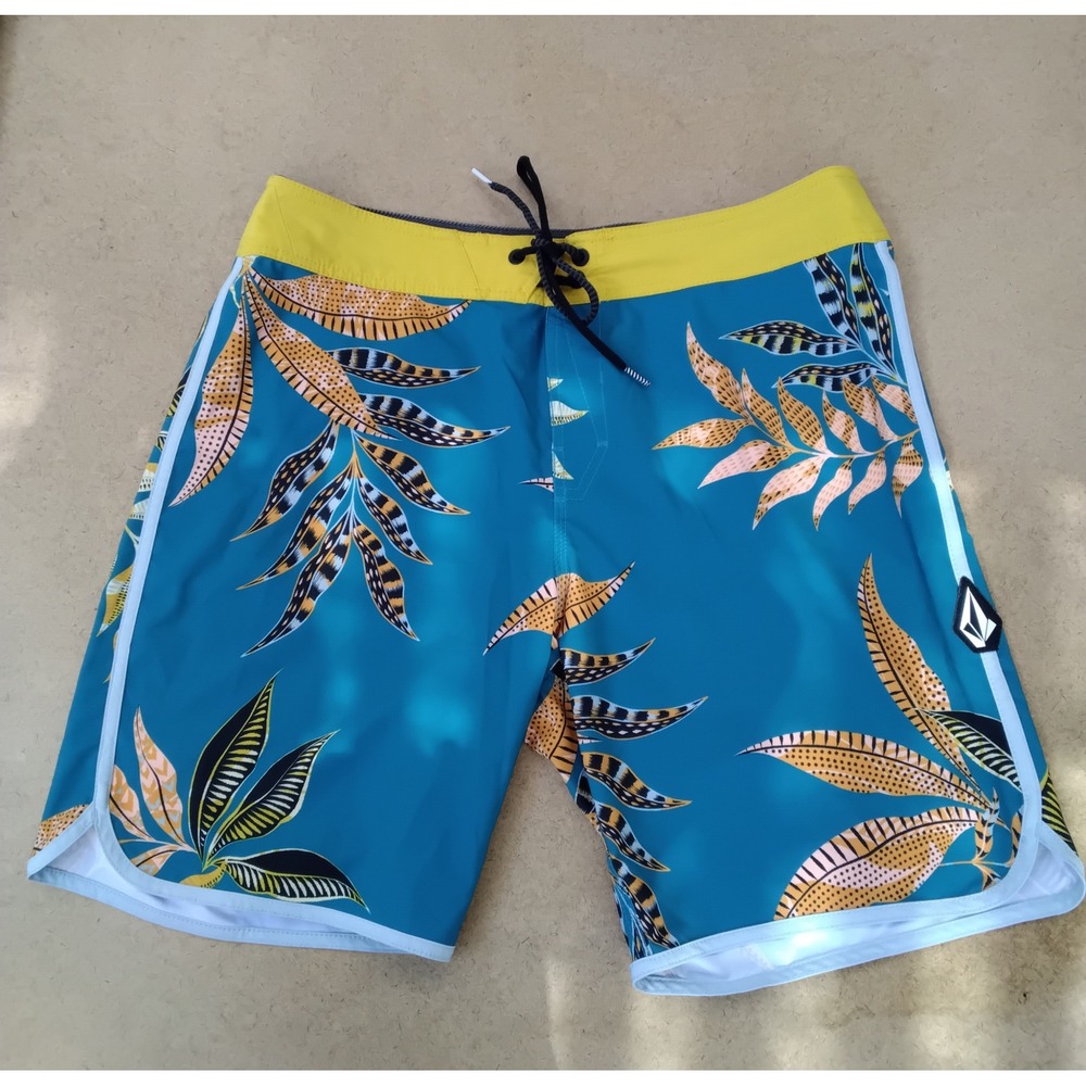 Volcom Mod-Tech Board Shorts Mens 32 Teal Blue Tropical Leaf Print Swim Trunks